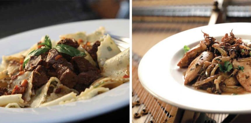 Papardelle de albahaca con ragú de cordero. Chipirones a la plancha.