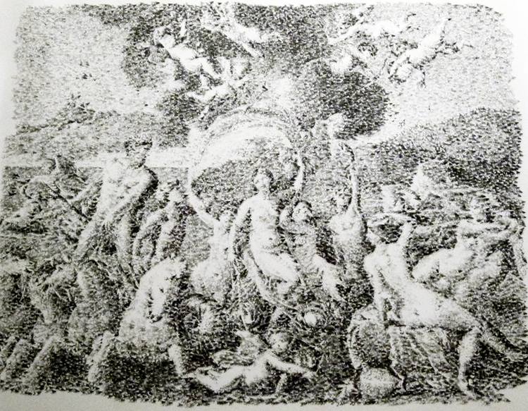 El triunfo de Neptuno y Anfitrite según Nicolás Poussin, 2013, Tinta de sellos sobre papel, 137 x 105 cm.